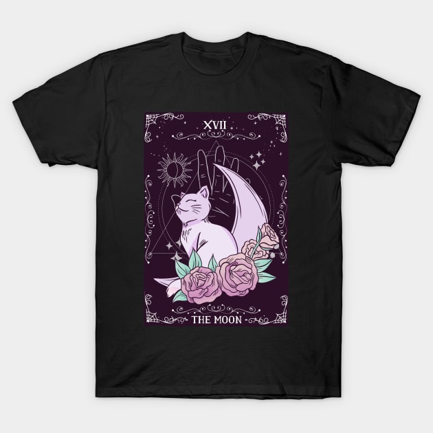 Tarot Card Crescent Moon Cute Cat Roses Cosmic Magic T-Shirt by Kali Space